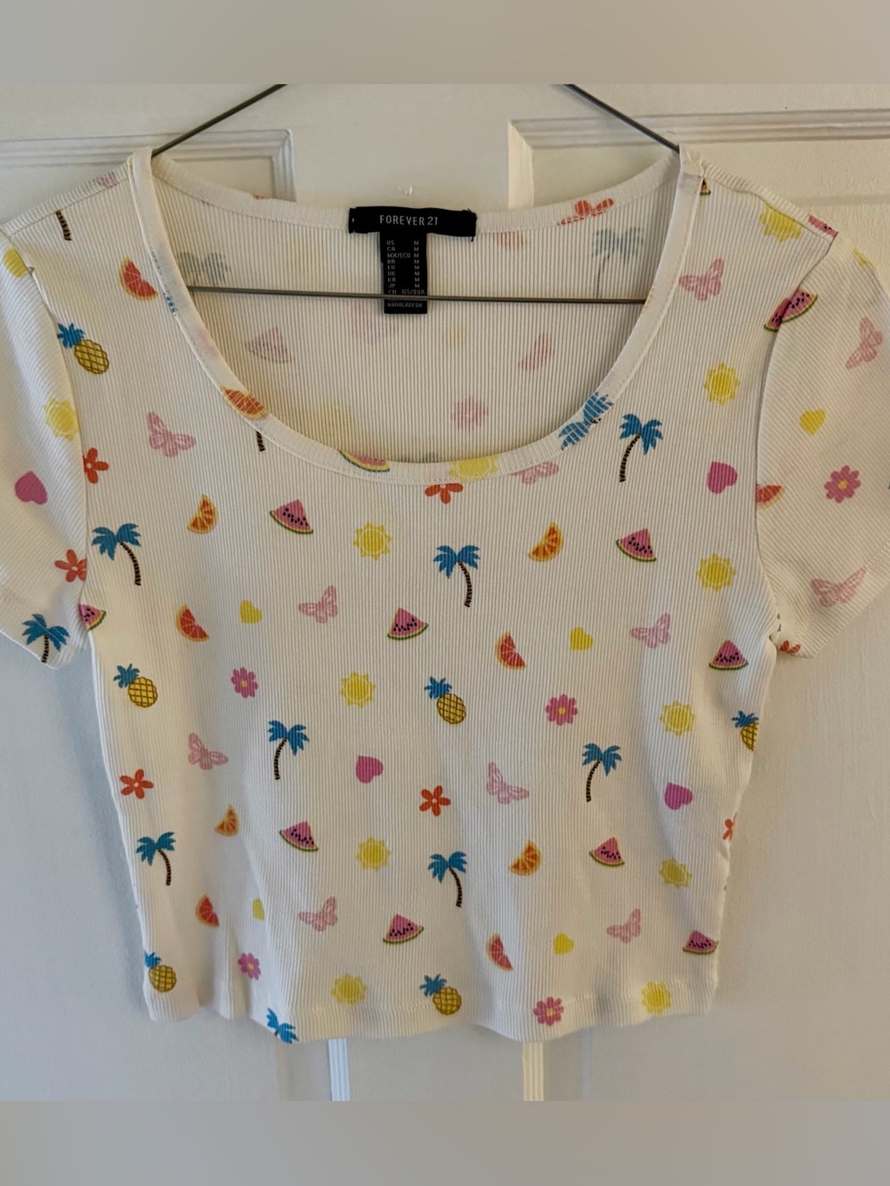 Tropical Motif Forever 21 White Ribbed Crop Top - Medium